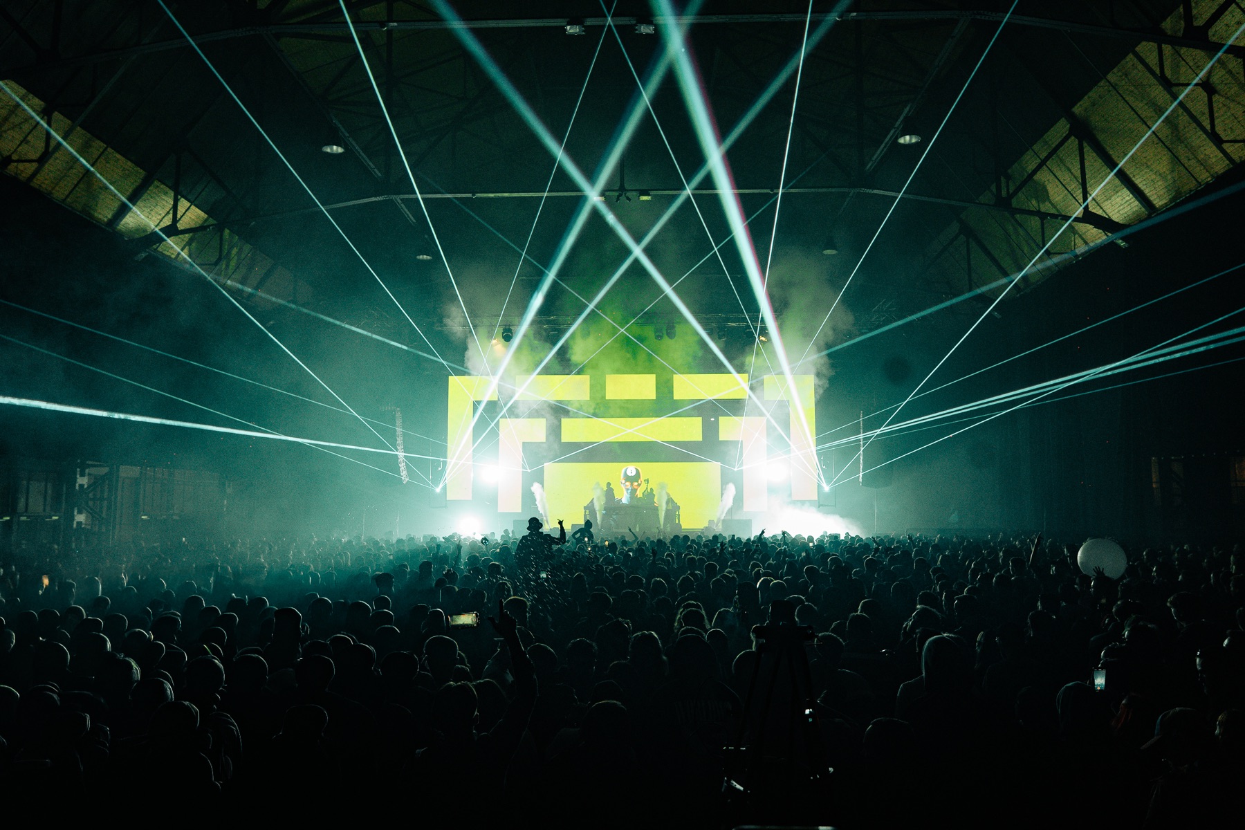 BASSIZM — festival crowd under green and white lasers